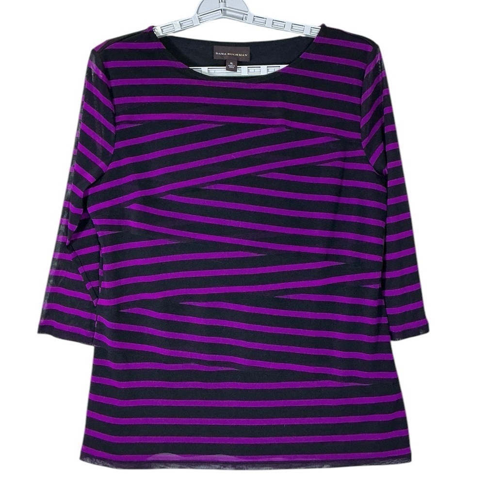 Dana Buchman Tunic Top Sheer Waterfall Layers 3/4 Sleeve Purple Black Women XL
